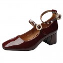 Vintage wine red pearl flower Mary Jane shoes new one line belt thick heel shoes women's pearl belt high heels