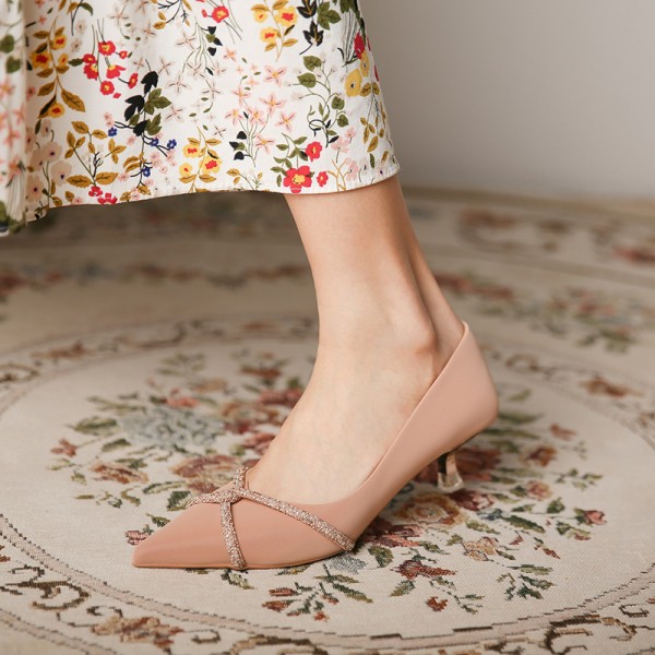 338-19 Korean version cross Rhinestone high heels women's silk satin pointed shallow mouth thin heel middle heel Rhinestone single shoes 2021 spring