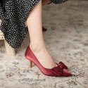 175-21 net red high heels women's spring silk satin red wedding shoes pointed thin heel bow shallow mouth single shoes 