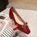 Korean Rhinestone bow high heels women's 2021 spring and summer new square head single shoes women's simple thick heels
