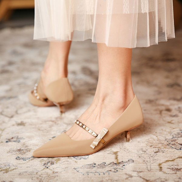 339-15 pearl herringbone belt high heels women's 2021 new spring French pointed single shoes elegant bow