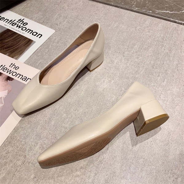 2021 new simple square head high heels Korean version shallow mouth thick heels temperament low heel commuting shoes women