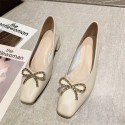 Korean Rhinestone bow high heels women's 2021 spring and summer new square head single shoes women's simple thick heels