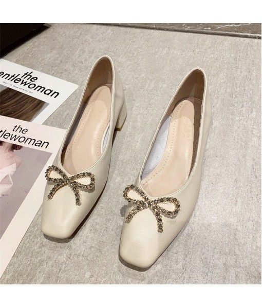 Korean Rhinestone bow high heels women's 2021 spring and summer new square head single shoes women's simple thick heels