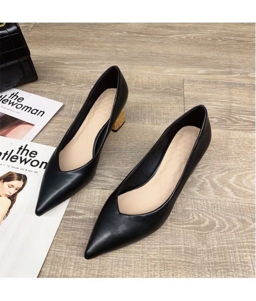 Fashion simple shallow mouth thick heel high heels women's Korean version pointed middle heel shoes elegant solid color professional work shoes women