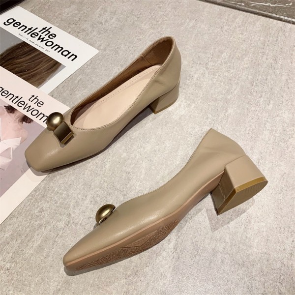 Korean metal button square head high heels women's shoes spring and summer 2021 new thick heels women's simple commuter high heels