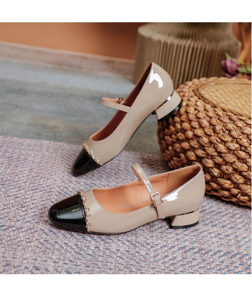 2021 new metal chain square head small leather shoes women's flat belt buckle thick heel single shoes Retro High Heels Mary Jane shoes