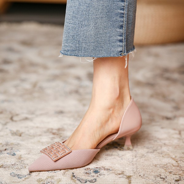 778-3 Korean chic square button high heels women's pointed thin heel single shoes hollow out new in spring 2021