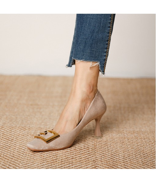 166-7 retro chic cashmere square toe high heels women's thin heel shallow mouth single shoes autumn and winter 2020 