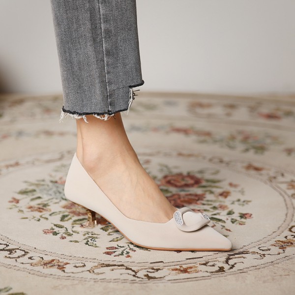 338-15 Satin ice silk high heels women's pointed thin heel shallow mouth French single shoes 2021 spring middle heel