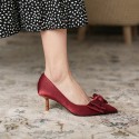 175-21 net red high heels women's spring silk satin red wedding shoes pointed thin heel bow shallow mouth single shoes 