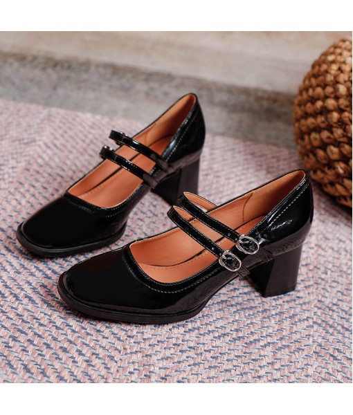 2021 new one line belt Mary Jane shoes women's Retro patent leather square head Mary Jane single shoes simple thick heels 