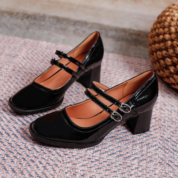 2021 new one line belt Mary Jane shoes women's Retro patent leather square head Mary Jane single shoes simple thick heels 