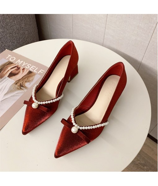 Pearl bow single shoes women's 2021 new Korean thick heel pointed high heels vintage wine red satin wedding shoes