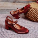 New flower pearl one line buckle high heels women's Retro square head thick heel shoes women's wine red high heels wedding shoes