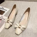 Korean bow high heels women's 2021 spring and summer new square head thick heel shoes simple low heel shoes women
