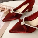 Pearl bow single shoes women's 2021 new Korean thick heel pointed high heels vintage wine red satin wedding shoes