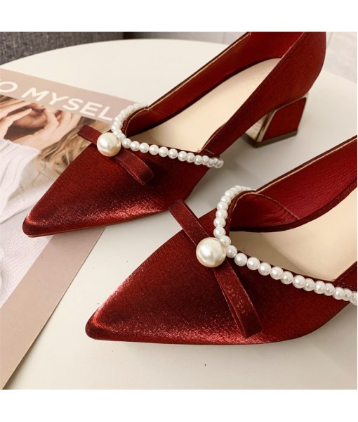 Pearl bow single shoes women's 2021 new Korean thick heel pointed high heels vintage wine red satin wedding shoes