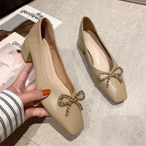 Korean Rhinestone bow high heels women's 2021 spring and summer new square head single shoes women's simple thick heels