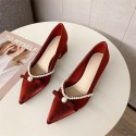 Pearl bow single shoes women's 2021 new Korean thick heel pointed high heels vintage wine red satin wedding shoes