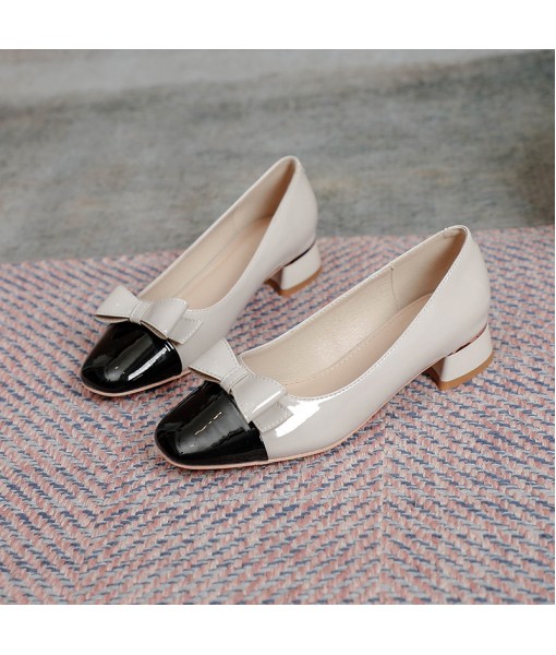 New style square bow high-heeled single shoes women's Korean temperament thick heeled high-heeled shoes color matching commuter work women's shoes