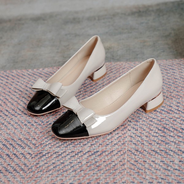 New style square bow high-heeled single shoes women's Korean temperament thick heeled high-heeled shoes color matching commuter work women's shoes