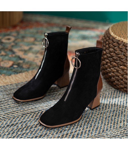 2021 early autumn new square suede high-heeled boots children's Korean version front zipper middle tube thick heel boots thin boots