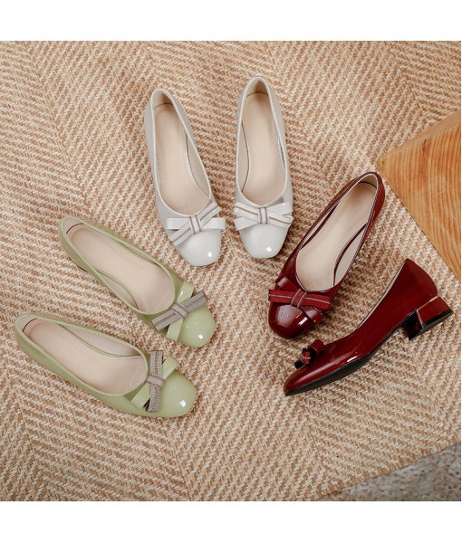 Gentle temperament Wine Red Butterfly Wedding Shoes New lacquer leather square head thick heel shoes women's fresh middle heel high heels