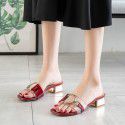 Summer new transparent one line sandals with square head and thick heels wear sandals outside, Korean fairy net red lady slippers