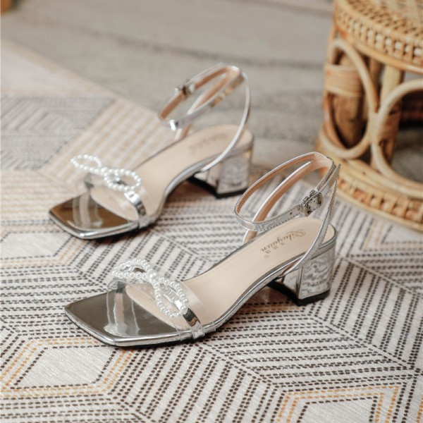 2021 new style square head metal sandals bow with snap High Heels Sandals temperament fairy thick heels women's shoes