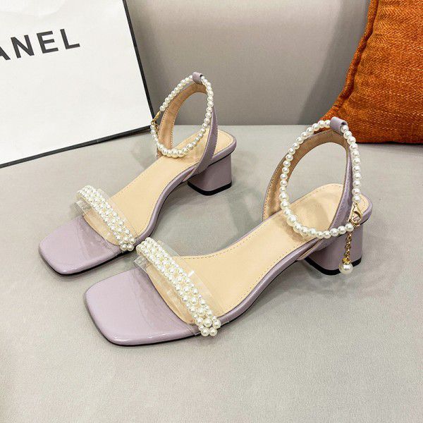 Summer new style square head back empty women's shoes Korean pearl one line belt fairy style sandals net red buckle middle heel sandals