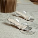 Fairy one line with transparent Rhinestone sandals 2021 summer new square head sandals women's shoes metal mirror high heels