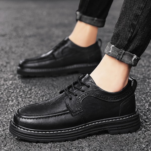 Casual leather shoes men's shoes 2021 autumn new lace up soft leather muffin heel shoes inner high block shoes low top 