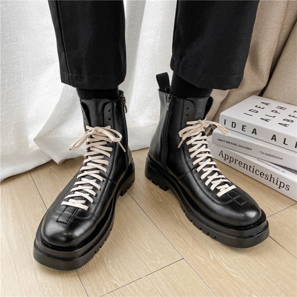 Black Martin boots men's high top British style medium top leather trendy shoes tooling thin in winter locomotive Leather Boots Men 