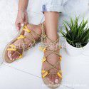 2021 summer European and American cross-border foreign trade large size women's hollow flat sandals hemp rope covered round head beach sandals