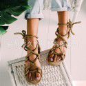 2021 summer European and American cross-border foreign trade large size women's hollow flat sandals hemp rope covered round head beach sandals