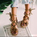 2021 summer European and American cross-border foreign trade large size women's hollow flat sandals hemp rope covered round head beach sandals