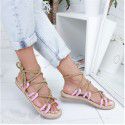 2021 summer European and American cross-border foreign trade large size women's hollow flat sandals hemp rope covered round head beach sandals