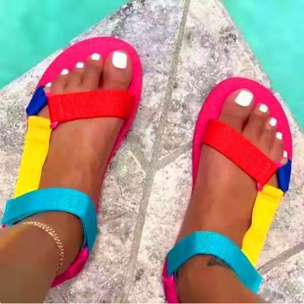 Foreign trade large beach sandals women's 22 year summer color matching sandals European and American women's shoes Velcro flat shoes size 30