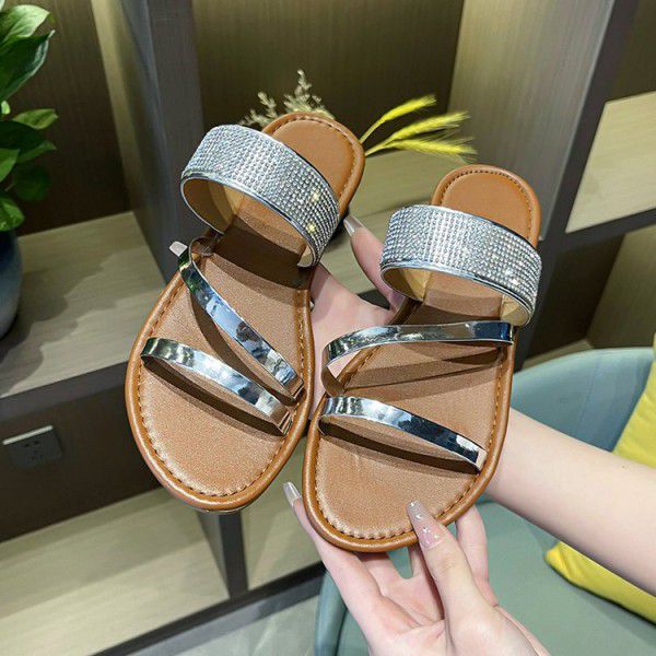 Flat slippers women's 2021 new beach sandals, European and American Rhinestone line slippers, Amazon wish women's shoes wholesale