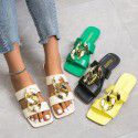 European and American foreign trade flat bottom chain decorative flat slippers women's large square head wearing beach sandals slippers