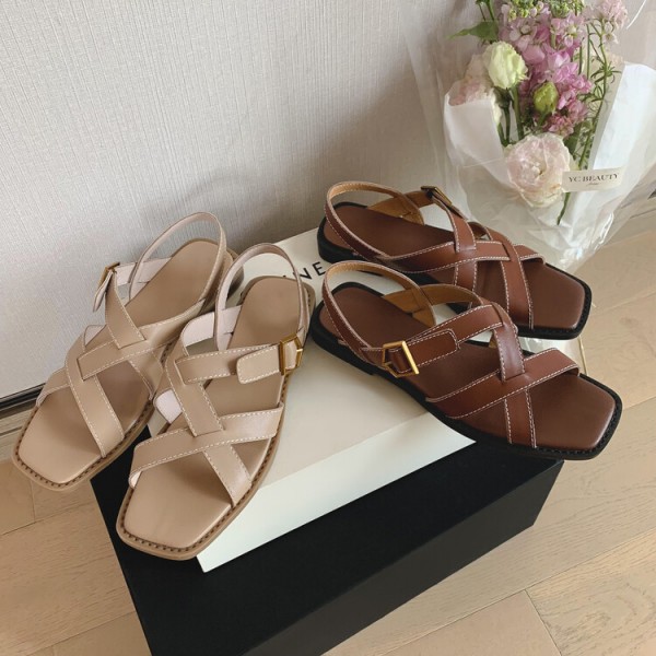 2022 summer new cross band square head button open toe sandals women's low heel buckle retro Roman shoes