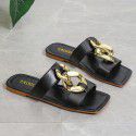 European and American foreign trade flat bottom chain decorative flat slippers women's large square head wearing beach sandals slippers