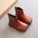 Children's soft leather short boots boys' 2021 autumn and winter girls' boots square head soft bottom baby Martin boots low barrel short boots