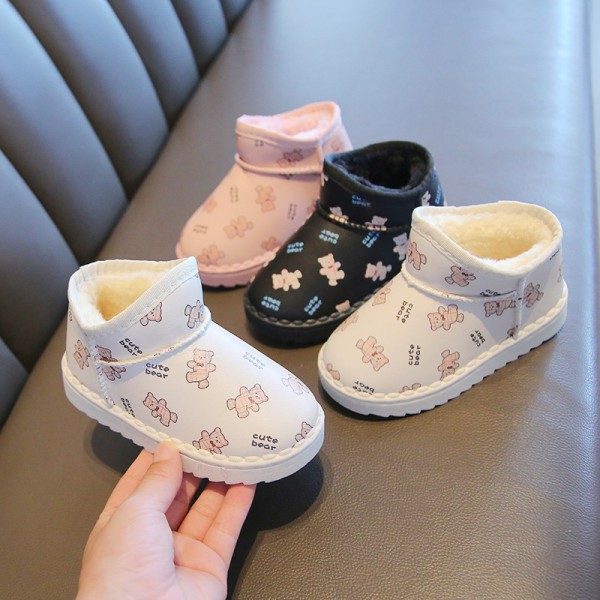 Girls' warm little bear snow boots 2021 winter cotton student Plush thickened cotton shoes middle and large children's leather short boots