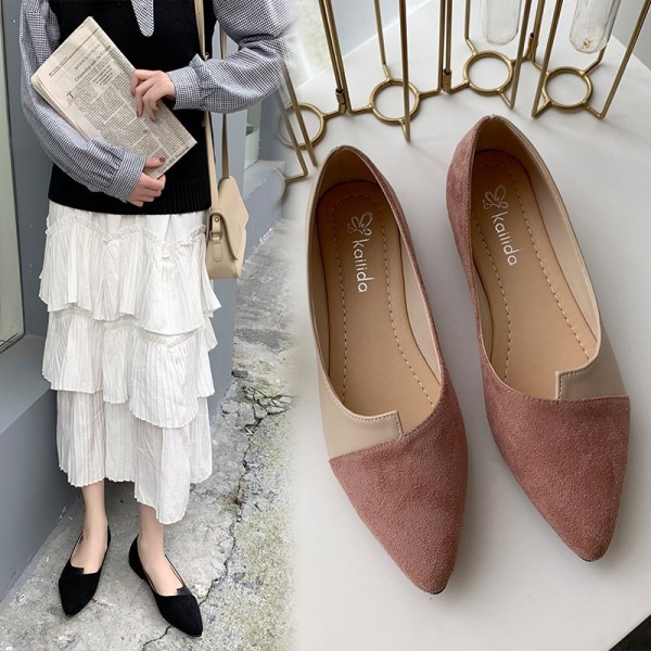 2019 spring and Autumn New Korean fashion pointed flat bottom shallow mouth frosted 3-color Four Seasons Women's single shoes scoop shoes foreign trade