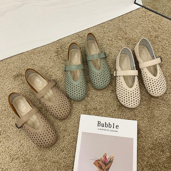 2020 spring and summer Korean round head buckle hollow out solid color single shoe doll shoes shallow mouth flat bottom women's shoes leisure foreign trade style