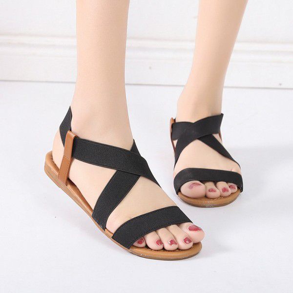 Cross border Amazon wish European and American flat bottom fish mouth sandals women's elastic ROMAN SANDALS 41