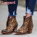 Spring, autumn and winter low top Martin boots spot low barrel cool boots leopard print women's high heels side zipper tassel short boots Europe and America