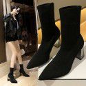 High heels pointed high heels thin boots women's autumn and winter new boots middle tube elastic boots middle heel thick HEELS SHORT BOOTS